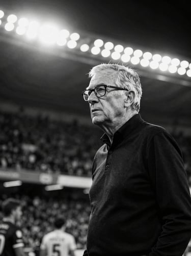 Black and white portrait of an older male sports columnist with glasses, high contrast, dramatic stadium lighting, analytical expression, 70-200mm lens