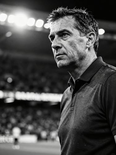 Black and white portrait of a male sports analyst in his 40s, high contrast, dramatic stadium lighting, focused gaze, 70-200mm lens