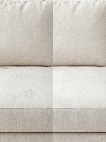 Split-screen macro photography of light beige linen sofa fabric, left side showing grey accumulated dust buildup, right side perfectly bright and sanitized, sharp focus