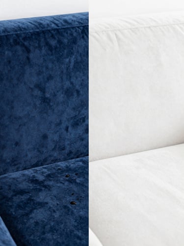 Split-screen macro photography of deep blue velvet sofa fabric, left side heavily stained with dark coffee oils, right side pristine, clean, and restored, sharp focus