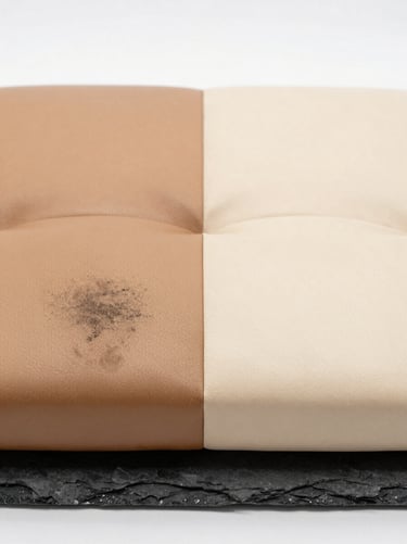 Split-screen macro photography of tan aniline leather cushion, left side soiled with dark grime, right side conditioned, clean, and restored, sharp focus