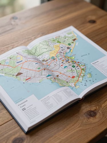 Flat-lay of a premium printed travel guide with detailed vector maps, lying on a wooden table under soft, diffused natural daylight.