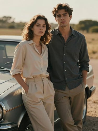A medium shot of a couple leaning against a vintage car in a sunny, rural setting. Warm, cinematic atmosphere. Natural tones of charcoal #3A3A3A and sand #E2D7C3 in their clothing.