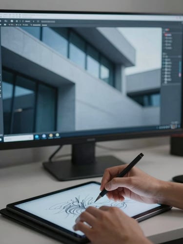 Close-up portrait of a digital designer working on a high-end monitor, hands sketching on a tablet, architectural details in the background, 35mm