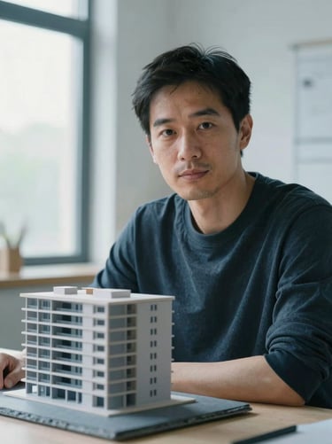 Close-up portrait of a male architect in a clean studio, physical model of a building on his desk, natural window light, slate tones, 35mm