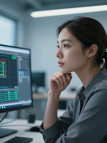 Close-up portrait of a female structural engineer in a modern workspace, looking thoughtfully at a screen with CAD software, cool blue lighting, 35mm