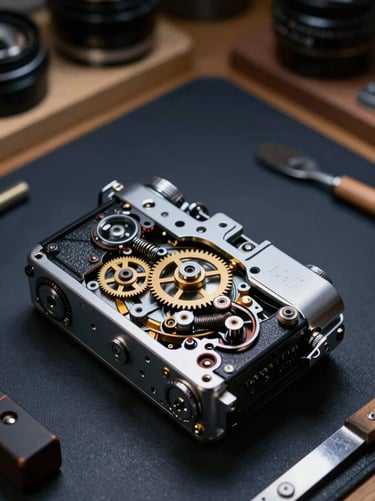 A detailed product shot of a disassembled vintage camera showing its internal gears and springs, laid out on a dark navy surface in a North American restoration shop. The lighting is dramatic and highlights the craftsmanship of the machinery.