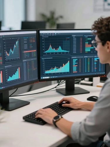 An AI data analyst reviewing complex visual metrics and predictive graphs on high-resolution screens in a quiet modern office, Global / Tech Professional.