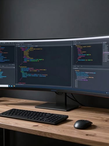 A clean modern workplace with code editor software open on ultra-wide screens for website development, dark slate tone aesthetic, Global / Tech Professional.
