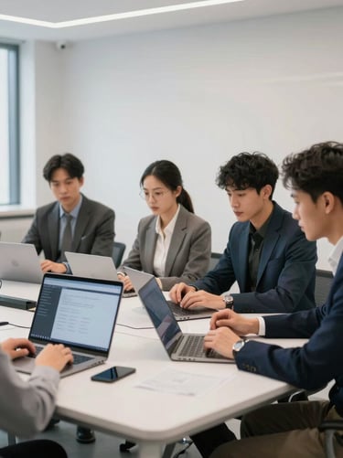 A group of corporate employees participating in a hands-on AI technology workshop in a modern minimalist classroom, Global / Tech Professional.