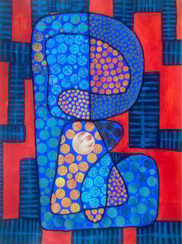 Collage sur papier rouge et bleu