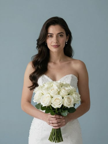 A minimalist studio portrait of a bride holding a bouquet of white roses, soft slate blue background, professional studio lighting, South American / Colombian aesthetic.