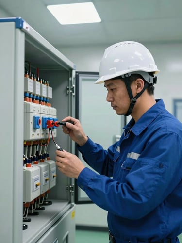 An engineer in proper safety helmet and uniform conducting dielectric testing on a switchgear cabinet inside a clean, high-voltage testing chamber under bright factory overhead lights.