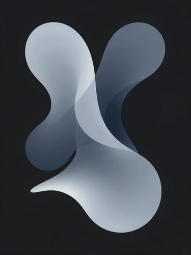 An abstract, minimalist art piece featuring fluid, ethereal shapes in #86A3B8 and #2C3E50 floating on a solid #0A0A0A background. Modern and intellectually deep composition.