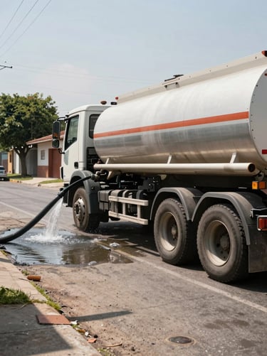Wide environmental shot, tanker truck parked on a residential street in Guadalajara discharging water through a thick hose, natural midday daylight, truck occupies right two-thirds of frame, left side open street context visible, documentary style