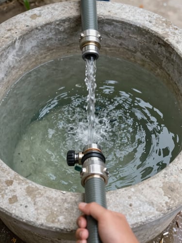 Close overhead framing of a thick discharge hose connected at the fill point of a residential cisterna, water flowing in, concrete surround visible, natural daylight, staff hand steadying the hose at lower frame edge, documentary operational style