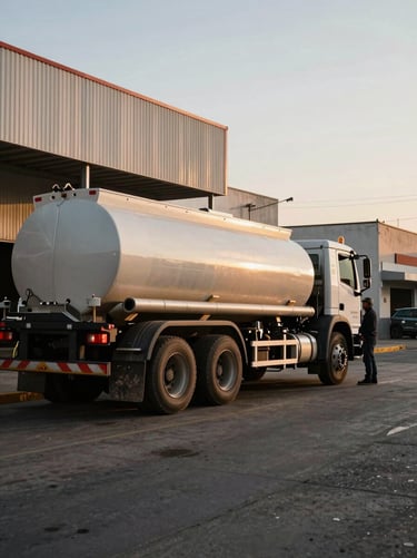 Wide environmental shot, large water tanker truck parked outside a commercial property in Guadalajara, full truck body visible left to mid-frame, operator standing near rear discharge valve, golden hour natural light, street and building context visible, documentary style