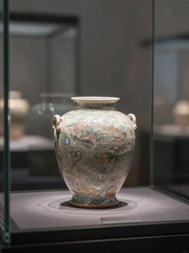 An exquisite antique object, possibly a rare ceramic or stone vessel, displayed in a glass case. Reflections of a sophisticated interior in #5F5B54 are visible on the glass. Subtle, premium lighting.