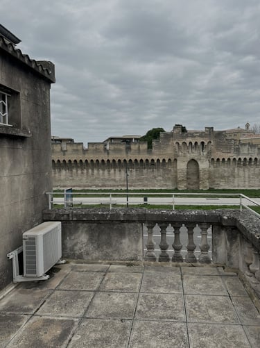 Vue imprenable sur les remparts d’Avignon depuis la terrasse d’un studio en rénovation