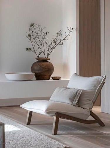 Zona de descanso con sillón confortable y tonos madera