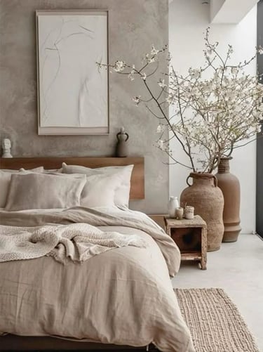 Interior de un dormitorio moderno con tonos arena