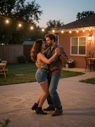 A candid, authentic moment of a couple dancing in a North American / General Western backyard at dusk. Warm string lights reflect the brand's soft sand and terracotta palette.