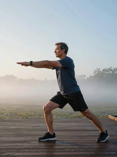 A fit man in his late 50s stretching outdoors on a wooden deck during sunrise, soft morning mist in the background, warm editorial style.