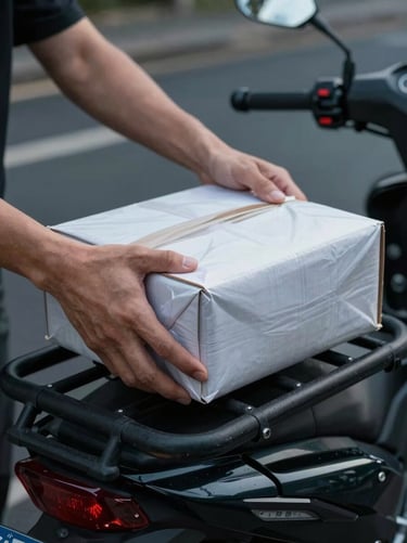 Close-up of two hands firmly securing a sealed parcel onto a motorcycle carrier rack under cool urban lighting, dark background, crisp package edges, professional handling detail