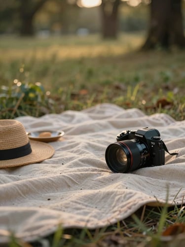 A detail shot of a picnic spread on a soft sand colored blanket in a meadow, with the warm, cinematic light of evening filtering through the trees.