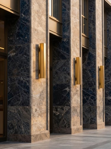 Close-up architectural detail of premium marble pillars and brushed champagne gold fittings at a completed commercial lobby
