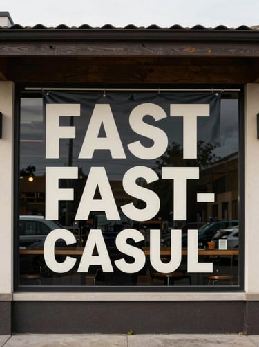 Exterior view of a fast-casual restaurant facade with finished window vinyl graphics and a hanging banner, clean geometric sans-serif type in off-white on dark ground, even overcast natural light, no pedestrians, tight architectural framing centered on the signage