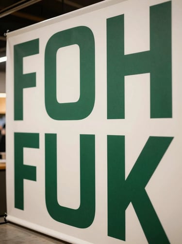 Close-up view of a finished large-format wall banner mounted in a modern market retail space, bold geometric typographic treatment in deep green and off-white, even north-facing studio light, no people, tight environmental framing showing the banner in full context