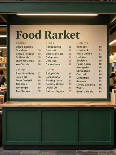 Interior of a food market stall with a full-height printed banner backdrop behind a product display counter, deep green and warm cream color palette, typographic layout with product categories visible, even studio lighting, no people, mid-distance environmental framing