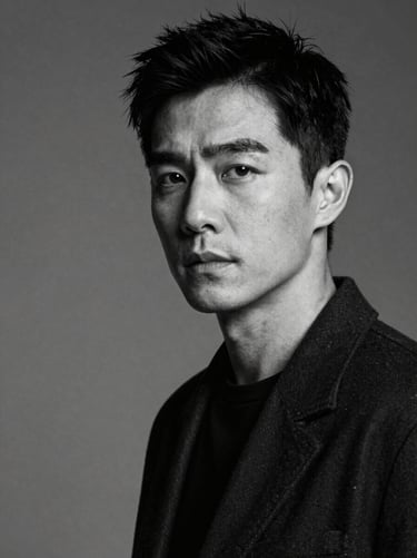 High-contrast black-and-white portrait of a male partner in dark attire, dramatic studio lighting, clinical, sharp shadows, neutral background