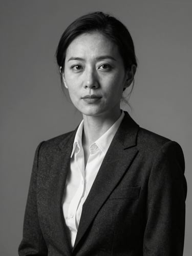 High-contrast black-and-white portrait of a female executive, dramatic studio lighting, clinical, sharp shadows, neutral background