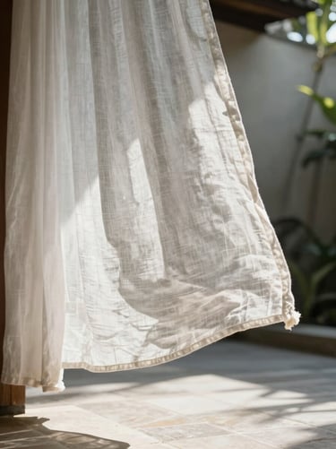 Extreme close-up of textured white linen curtains blowing in a soft morning breeze, framing an empty sun-drenched stone terrace in Bali.