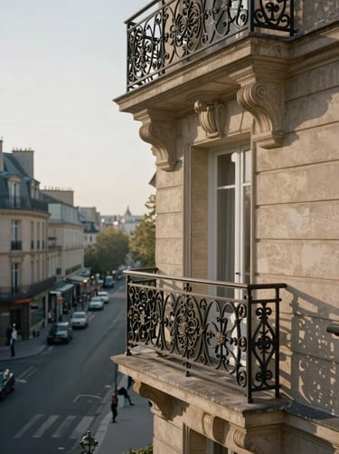 Soft natural morning light illuminating a classic Parisian balcony with intricate wrought-iron railings, looking out onto an empty historic street.