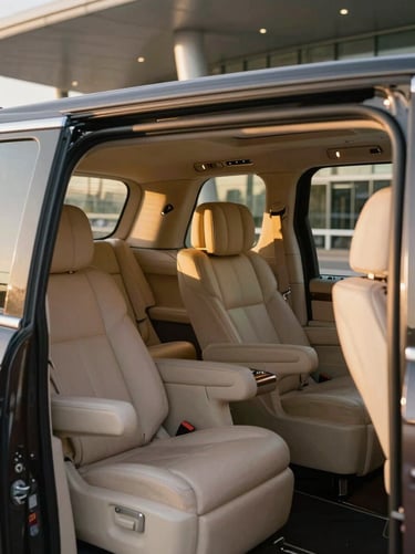 Spacious private luxury SUV interior with premium leather seats, soft ambient lighting, parked outside a modern private airport terminal, warm tones