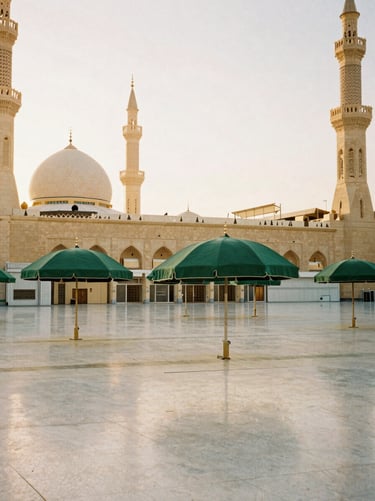 Serene courtyard of Masjid an-Nabawi in Madinah, elegant green umbrellas opened under warm morning sunlight, peaceful architectural details, medium format film