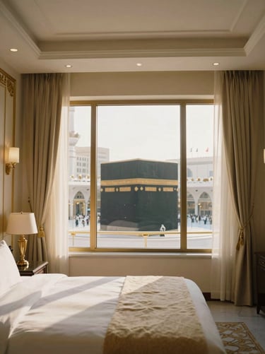 Luxury hotel room interior in Makkah with a large window overlooking the Kaaba, soft morning light, elegant beige and gold decor, medium format film