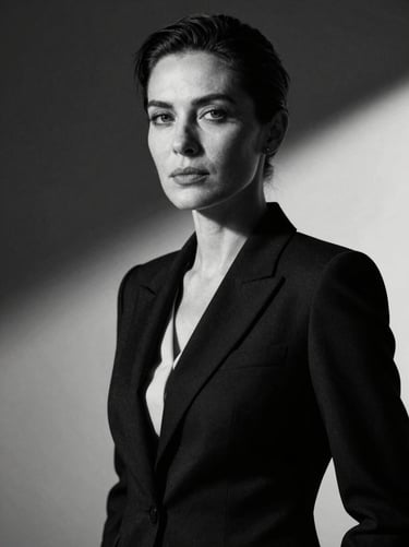 High-contrast black and white corporate portrait of a female executive, dramatic chiaroscuro lighting, deep shadows, sharp focus, sophisticated styling, medium format film look