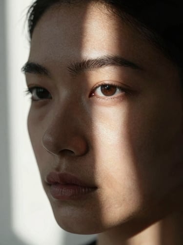 Tight editorial portrait study, subject's face partially in shadow, one eye lit by a narrow shaft of north-facing window light, stark white background, no expression of warmth — stillness and interiority