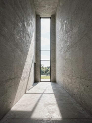 Wide interior architectural shot of a modernist concrete hallway, north-facing daylight entering from a tall narrow window at the far end, long geometric shadows stretching across the floor, no people, symmetrical framing