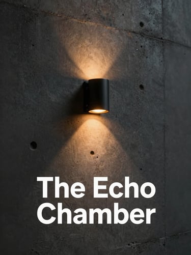 Book cover mockup of 'The Echo Chamber', featuring a stark, low-key lit concrete wall with a single glowing amber indicator light.