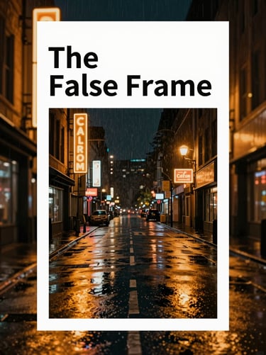 Book cover mockup of 'The False Frame', showing rain-slicked city streets at night reflecting harsh neon amber signs with deep shadows.