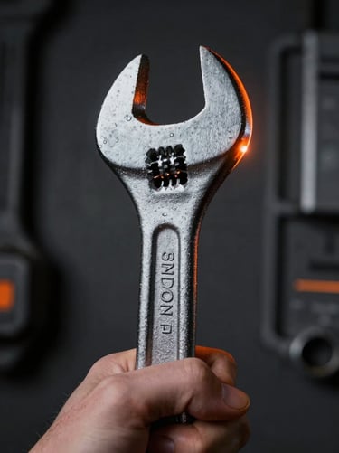 Close-up of hands holding a heavy-duty steel wrench, catching sharp orange rim light, dark industrial backdrop.