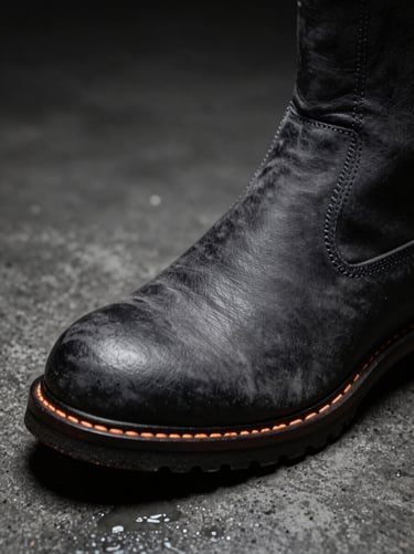 Macro shot of a premium leather boot on wet concrete, dramatic side lighting highlighting the grain, dark atmospheric tone.