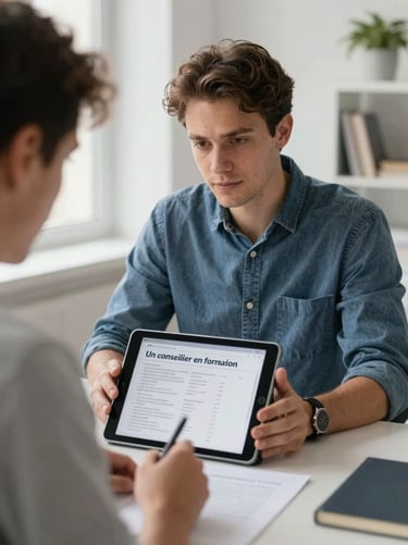 Un conseiller en formation montre un plan de financement sur une tablette à un apprenant, lumière naturelle de bureau, plan moyen.