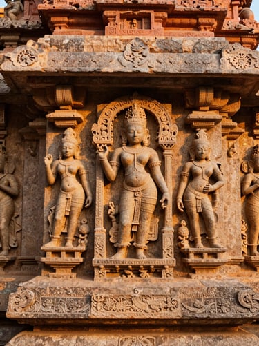 Close-up of stone temple carvings in Tamil Nadu, warm golden-hour light reflecting on ancient granite, documentary style, 35mm lens