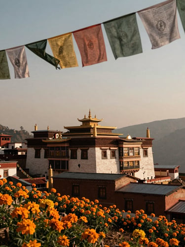 A quiet Himalayan monastery in the foothills, soft natural morning light, prayer flags gently moving, documentary style, 35mm lens